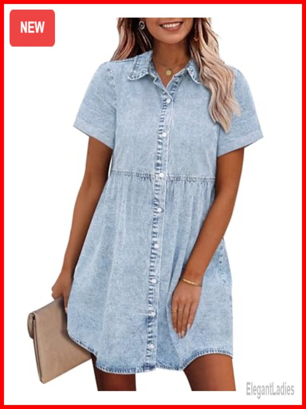 Denim Babydoll Dress Button Down Short Sleeve Tiered Jean Shirt